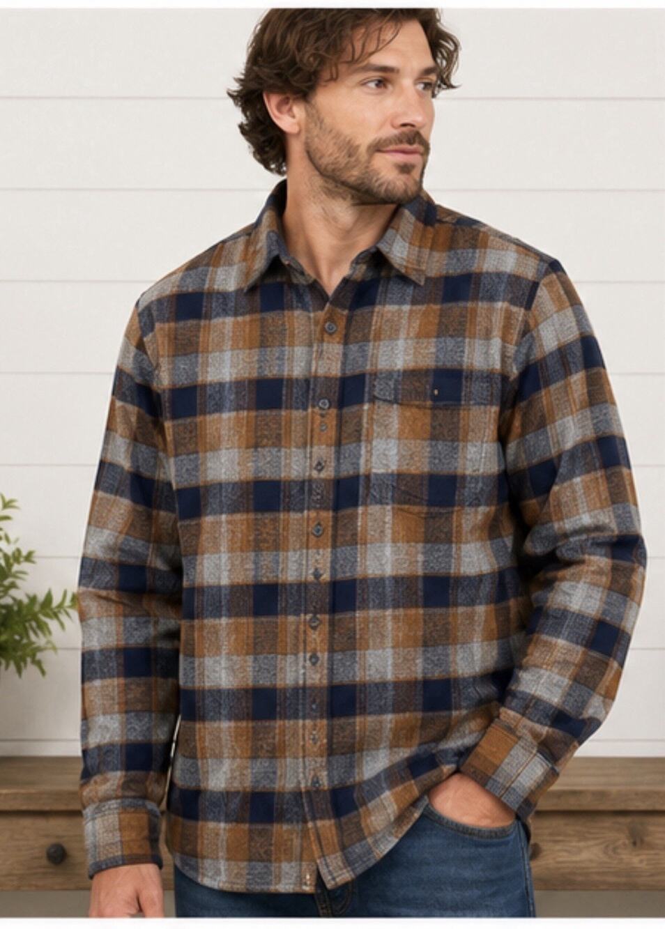 Weatherproof Vintage Flannel Shirt Men’s Blue Brown Plaid Button Up XL